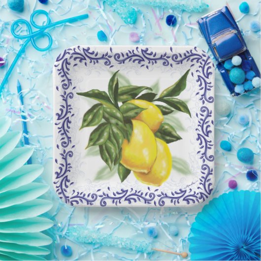 Lemons Royal Blue Toile Filigree Pappteller (Party)