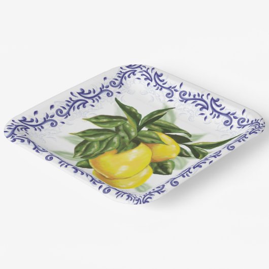 Lemons Royal Blue Toile Filigree Pappteller (Gewinkelt)