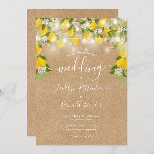 Lemons String Lights Rustic Kraft Wedding Einladung (Vorne/Hinten)
