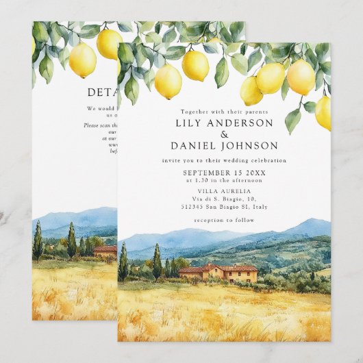 Lemons Tuscan Scene Italian QR Code Wedding Einladung (Vorne/Hinten)