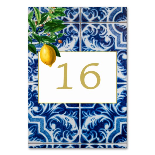 Lemons Tuscan Tile Blue White Wedding Tischnummer (Rückseite)