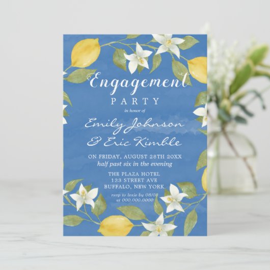 Lemons und Blue Watercolor Engagement Party Einladung (Stehend Vorderseite)