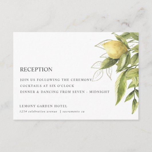 Lemons und Foliage Classic Chic WEDDING REZEPTION Begleitkarte (Vorderseite)
