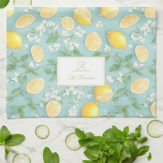 Lemons Wasserfarbenminze Custom Monogram Lemon Geschirrtuch (Gefaltet)