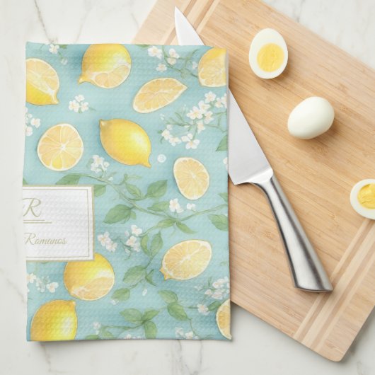 Lemons Wasserfarbenminze Custom Monogram Lemon Geschirrtuch (Viertel Falte)