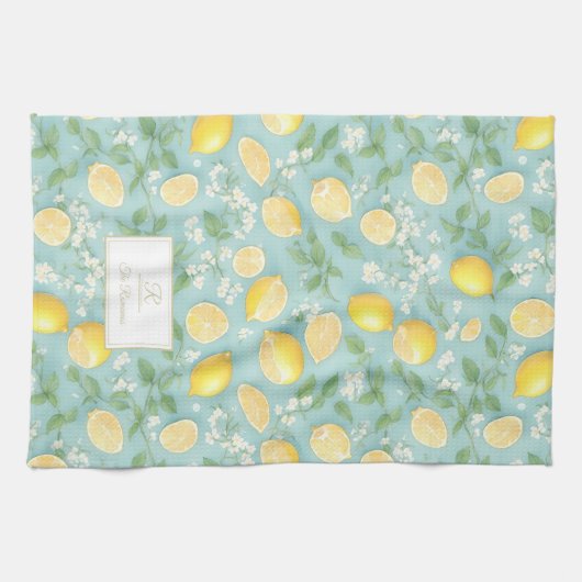Lemons Wasserfarbenminze Custom Monogram Lemon Geschirrtuch (Horizontal)
