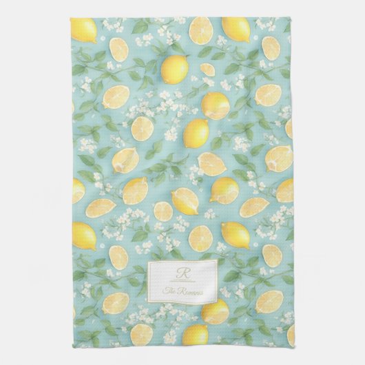 Lemons Wasserfarbenminze Custom Monogram Lemon Geschirrtuch (Vertikal)