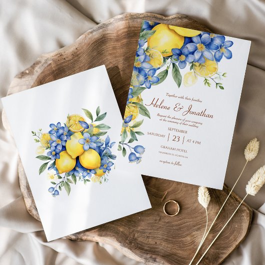 Lemons Watercolor Blue Yellow Elegante Hochzeit Einladung