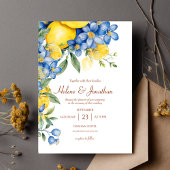 Lemons Watercolor Blue Yellow Elegante Hochzeit Einladung