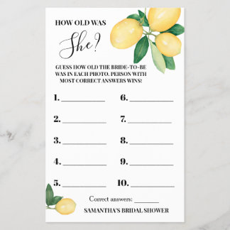 Lemons Wie alt war Ihr Brautparty Game Card Flyer