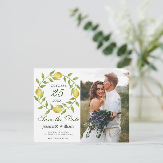 Lemons Wreath Foto Wedding Save the Date Card (Stehend Vorderseite)