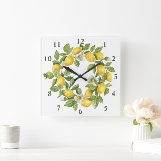Lemons Wreath Green Yellow Quadratische Wanduhr (Zuhause)
