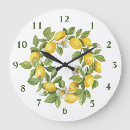 Lemons Wreath Green Yellow Round Wall Clock Große Wanduhr