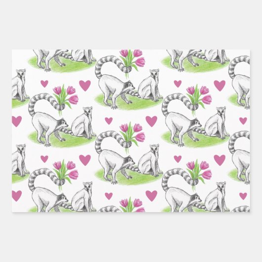 Lemur mit Tulips Romantische Liebe Funny French Pu Geschenkpapier Set (Vorderseite)