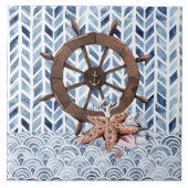 Lenkrad des Schiffes, Seesterne, nautisches Muster Fliese (Vorderseite)