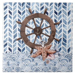 Lenkrad des Schiffes, Seesterne, nautisches Muster Fliese