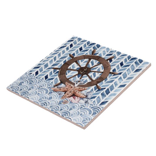 Lenkrad des Schiffes, Seesterne, nautisches Muster Fliese (Seite)