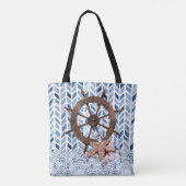 Lenkrad des Schiffes, Seesterne, nautisches Muster Tasche (Rückseite)