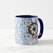 Lenkrad des Schiffes, Seesterne, nautisches Muster Tasse (VorderseiteRechts)