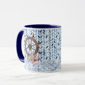 Lenkrad des Schiffes, Seesterne, nautisches Muster Tasse (Vorderseite Links)