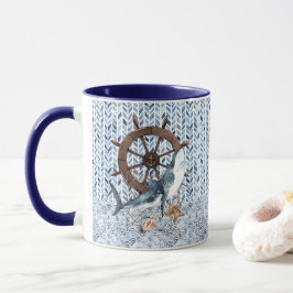 Lenkrad und Hai des Schiffes Tasse