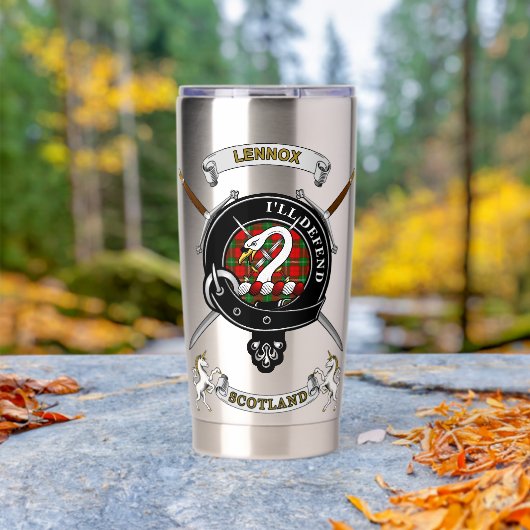 Lennox Clan Abzeichen Tartan & Schwerter Thermobecher (Außenbereich (gedreht))