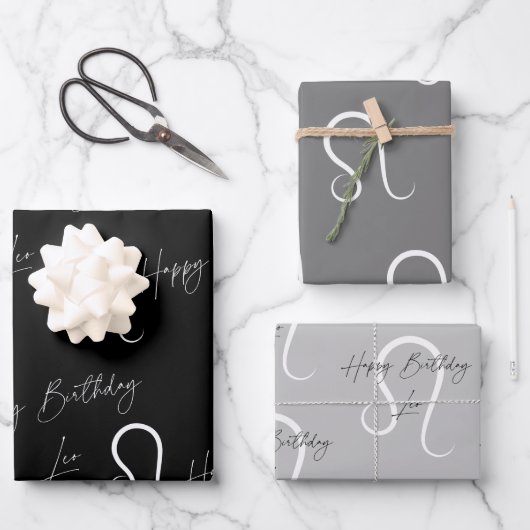 Leo Birthday Gray/Black Geschenkpapier Set (Vorderseite)