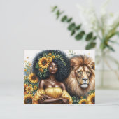 Leo Black Woman mit Löwenblume Thema Postkarte (Stehend Vorderseite)