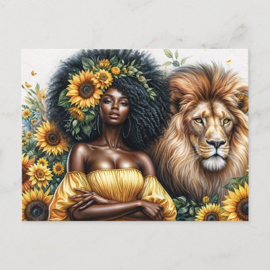 Leo Black Woman mit Löwenblume Thema Postkarte (Vorderseite)