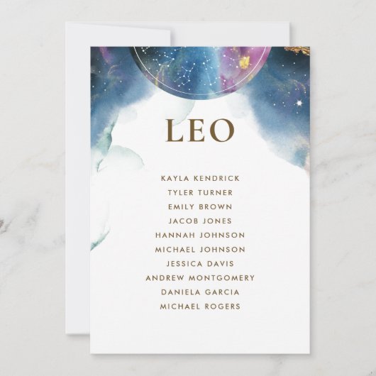 Leo Celestial Seating Plan Card mit Gast Name (Vorderseite)
