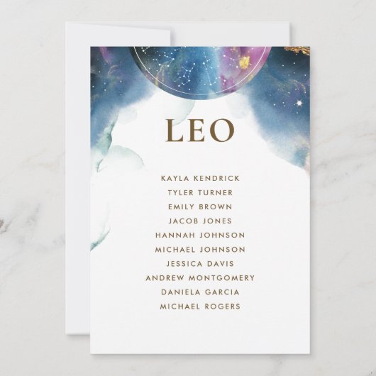 Leo Celestial Seating Plan Card mit Gast Name (Rückseite)