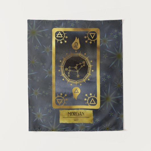 Leo Dark Zodiac Astrologie: Schwarzer Goldname Wandteppich (Vorderseite)