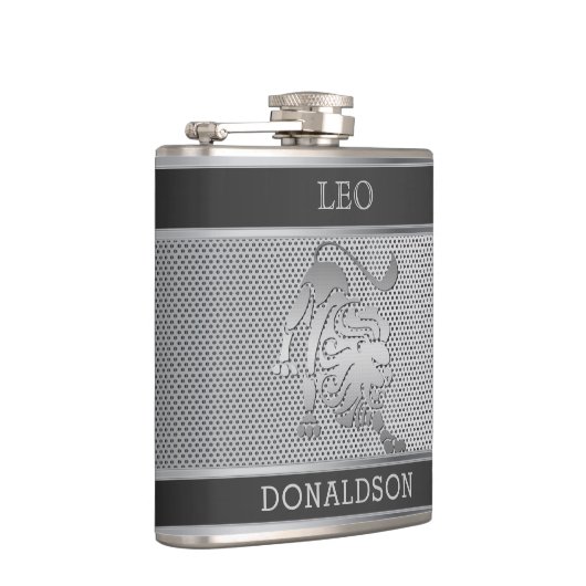 Leo der Löwe in Schwarz und Silver Mesh Flachmann (Rechts)