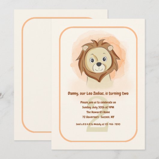 Leo die LöwenGeburtstagspartei Einladung (Vorne/Hinten)