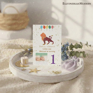 Leo First Birthday Gold, Balloons und Foto Einladung