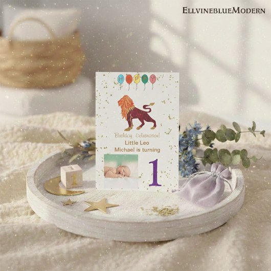 Leo First Birthday Gold, Balloons und Foto Einladung