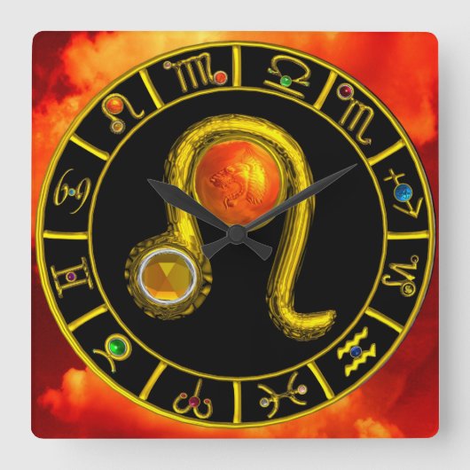 LEO GOLD ZODIAC BIRTHDAY JEWEL, Gelb, Schwarz Quadratische Wanduhr (Vorderseite)