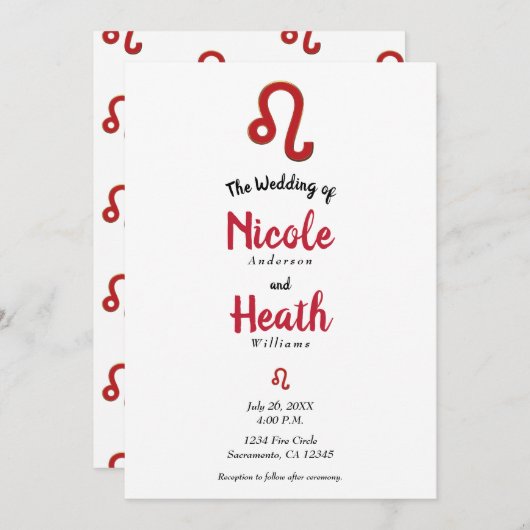 LEO Red Zodiac Astrologie Juli August Hochzeit Einladung (Vorne/Hinten)