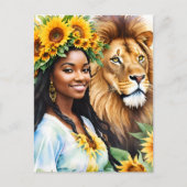 Leo Schwarze Frau mit Sonnenblumen und Löwen Postkarte (Vorderseite)