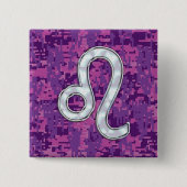 Leo Sign auf Girly Pink Fuchsia Digitale Camouflag Button (Vorderseite)