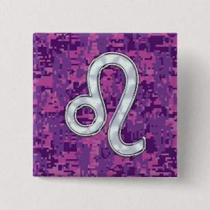 Leo Sign auf Girly Pink Fuchsia Digitale Camouflag Button