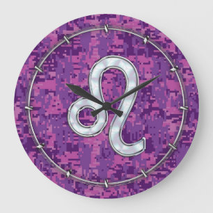 Leo Sign auf Pink Fuchsia Digital Camouflage Große Wanduhr