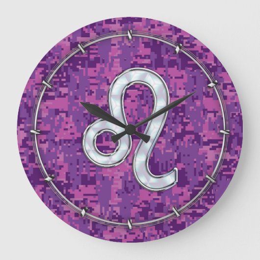 Leo Sign auf Pink Fuchsia Digital Camouflage Große Wanduhr (Vorderseite)