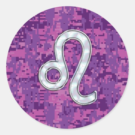 Leo Sign auf Pink Fuchsia Digital Camouflage Runder Aufkleber (Vorderseite)