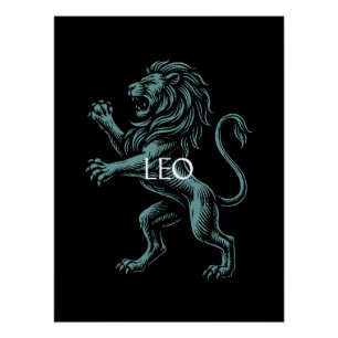 Leo Sternzeichen – Vintage-Löwe in Türkis auf Schw Poster