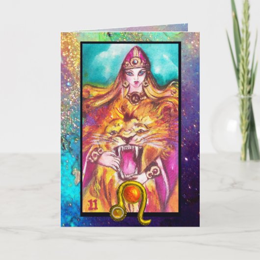LEO,STRENGHT TAROT ASTROLOGY ZODIAC GEBURTSTAG KARTE (Vorderseite)