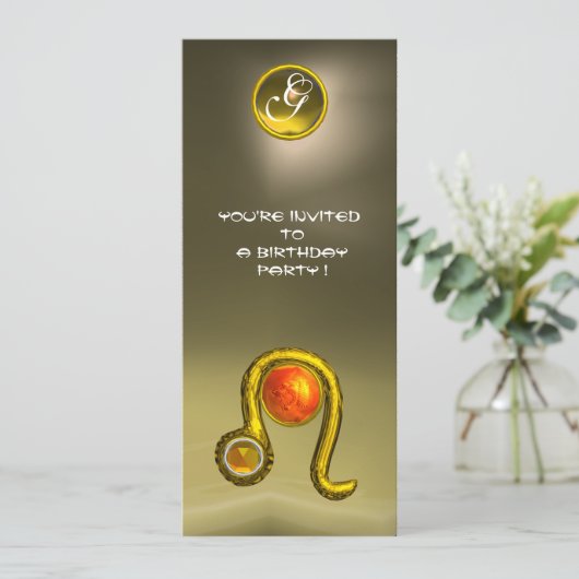 LEO ZODIAC BIRTHDAY PARTY YELLOW TOPAZ MONOGRAM EINLADUNG (Stehend Vorderseite)
