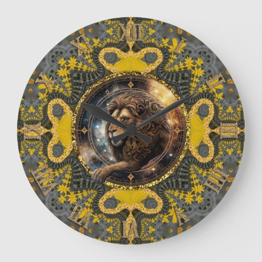 Leo Zodiac Gold Yellow Fraktal Mandala Artistic Große Wanduhr (Vorderseite)
