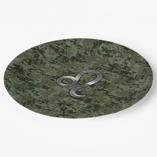 Leo Zodiac Sign auf der Olive Green Digital Camouf Pappteller (Schrägansicht)