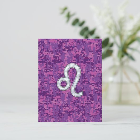 Leo Zodiac Sign auf Fuchsia Digital Camouflage Postkarte (Stehend Vorderseite)